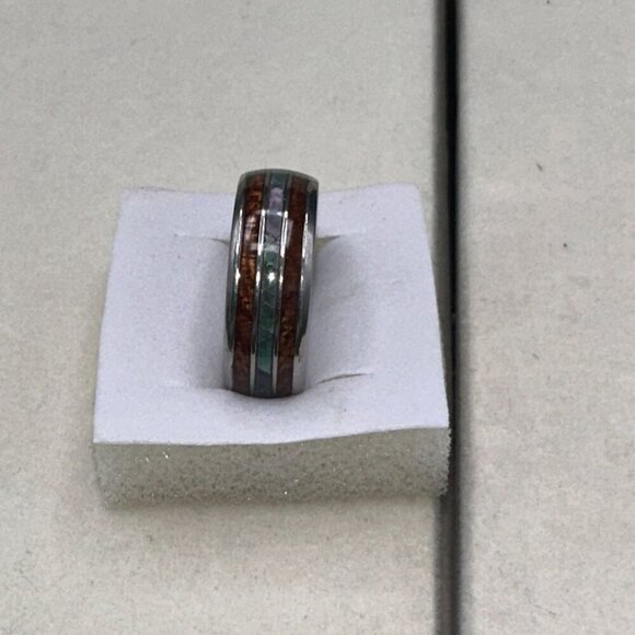 Mens Tungsten Carbide Ring With Wood & Opal Inlay Durable & Stylish Design - Picture 5 of 14